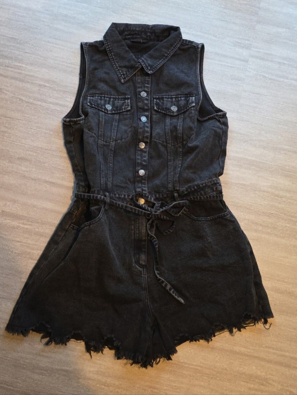 VICI Black Denim Romper Sleeveless Tie Waist Frayed Hem Western XL